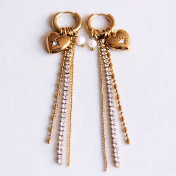 Oorbellen met glanzende strengen, strassstenen, hart en parel