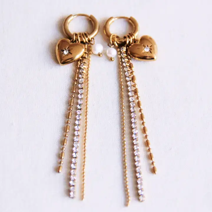 Oorbellen met glanzende strengen, strassstenen, hart en parel