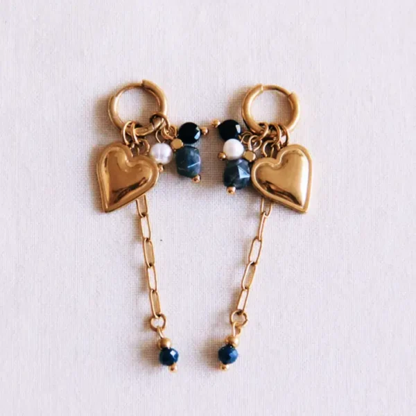 Oorbellen met Hart, Edelsteencluster & Ketting – Zwart