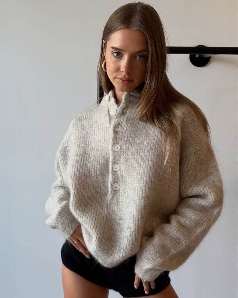 Knitted Button Sweater – Beige
