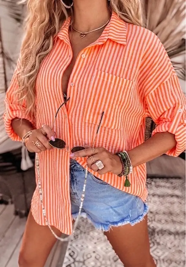 Oversized Blouse Neon Oranje Streep